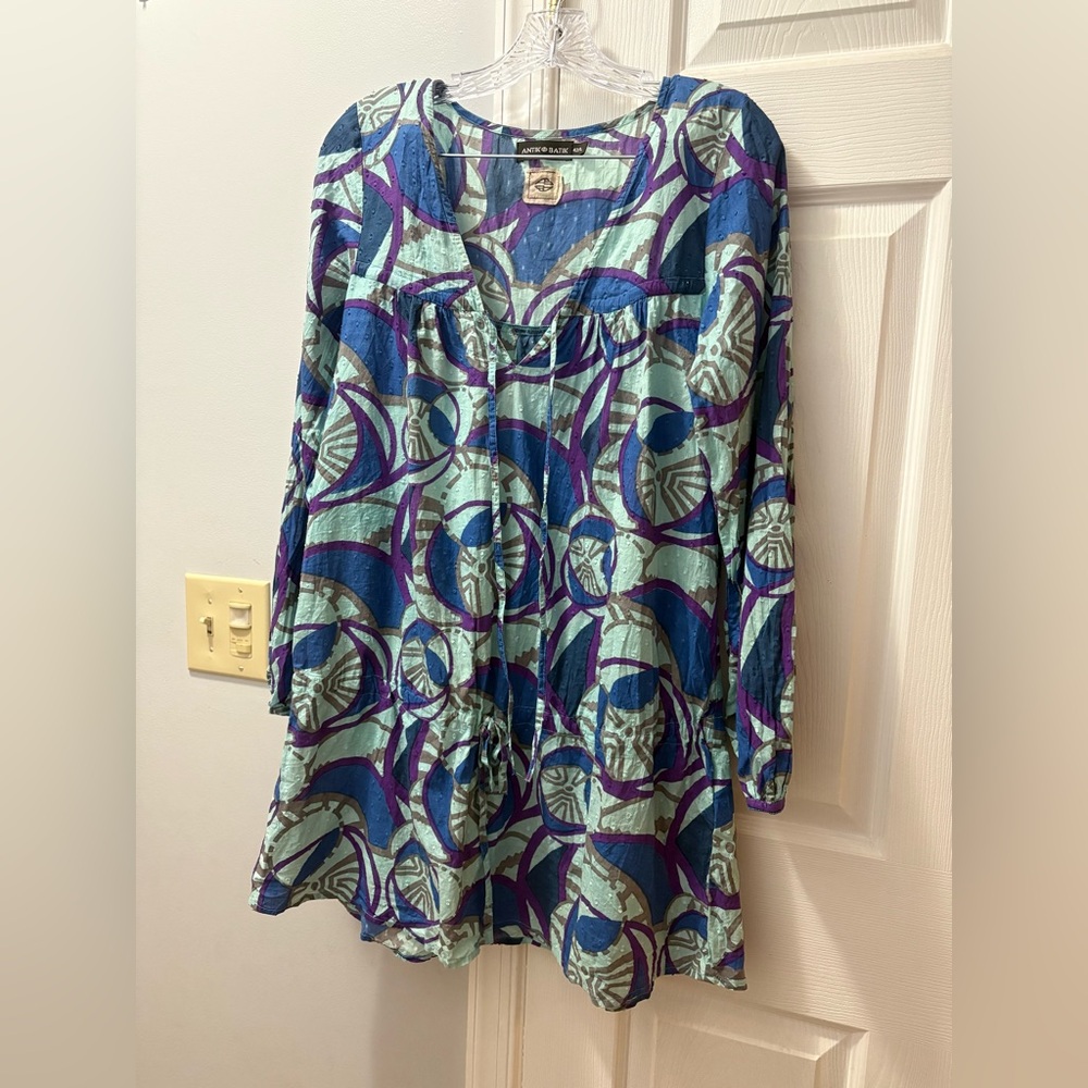 Antik Batik Teal, Blue & Purple Printed Long Sleeve Tunic Cover Up Size Large